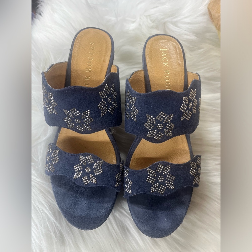 Jack Rogers Margaux Suede Studded Wedge Sandals Denim Navy Blue size 8 shoes - Picture 2 of 9